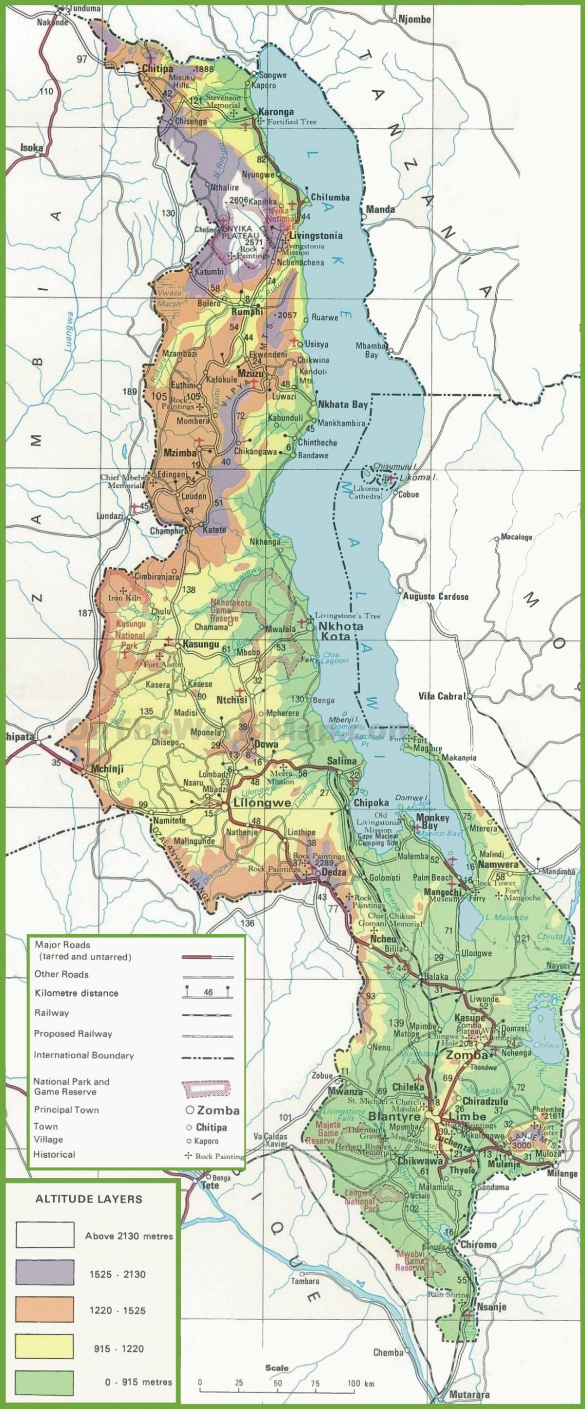 քարտեզ ֆիզիկական քարտեզ Մալավի