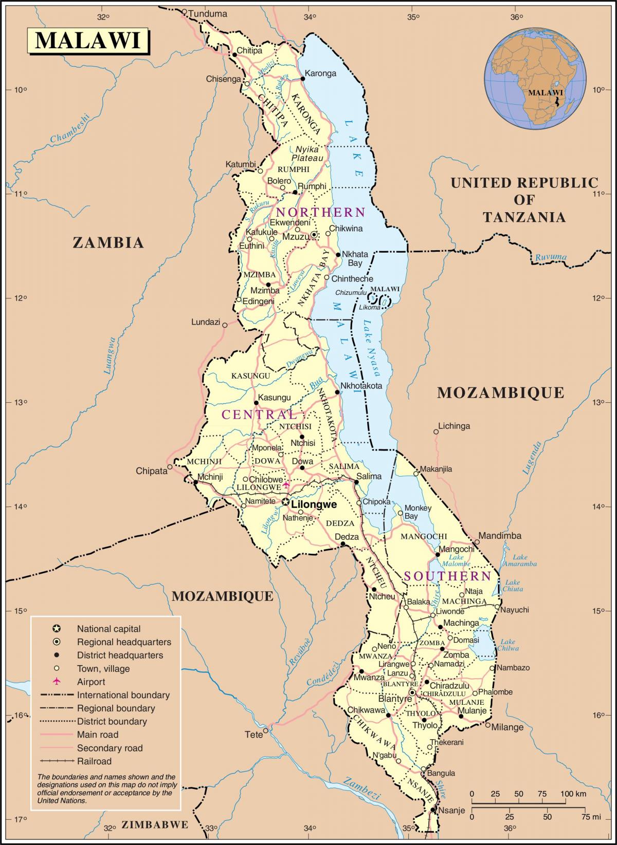 քարտեզ Մալավի պատկերով ճանապարհների